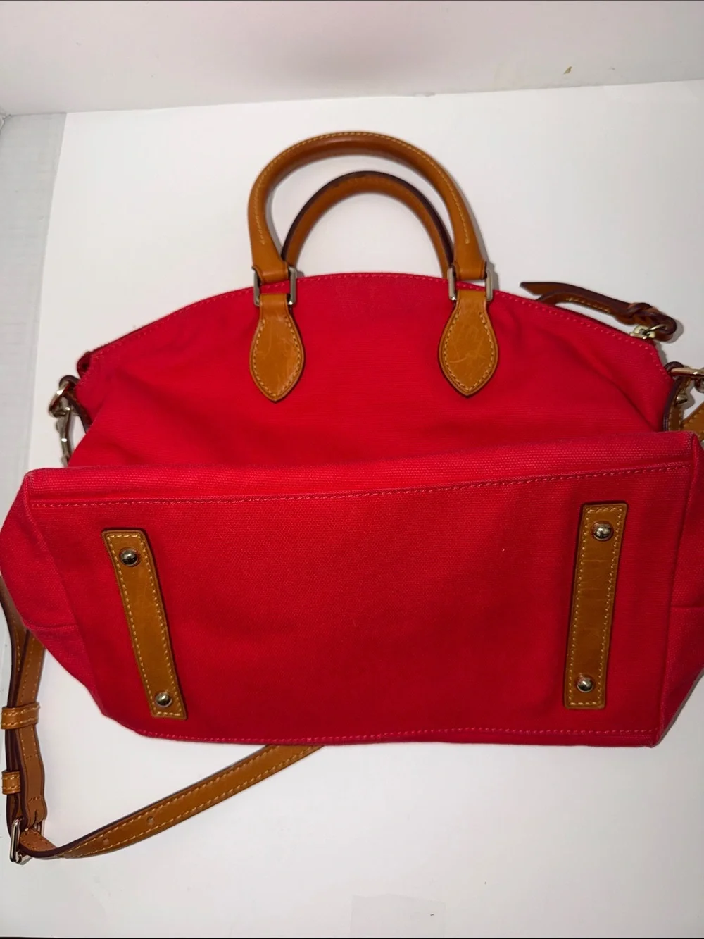 Dooney & Bourke Bright Red Canvas Tote with Tan Leather Accents
